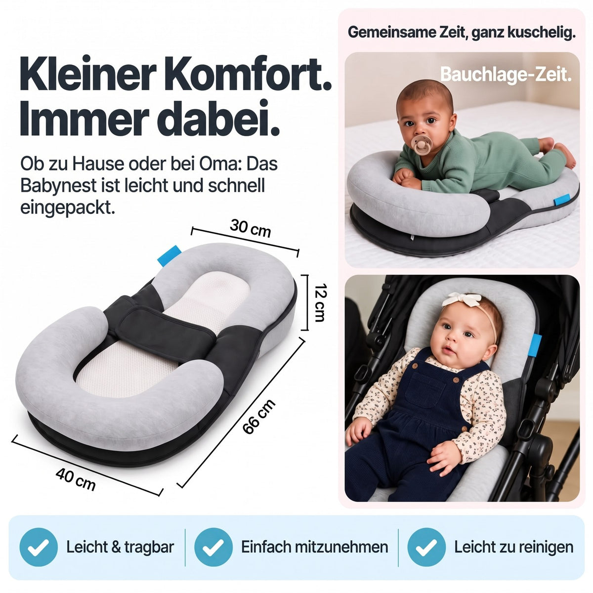 Babynest Maße 66 x 40 x 12 cm, leicht und tragbar