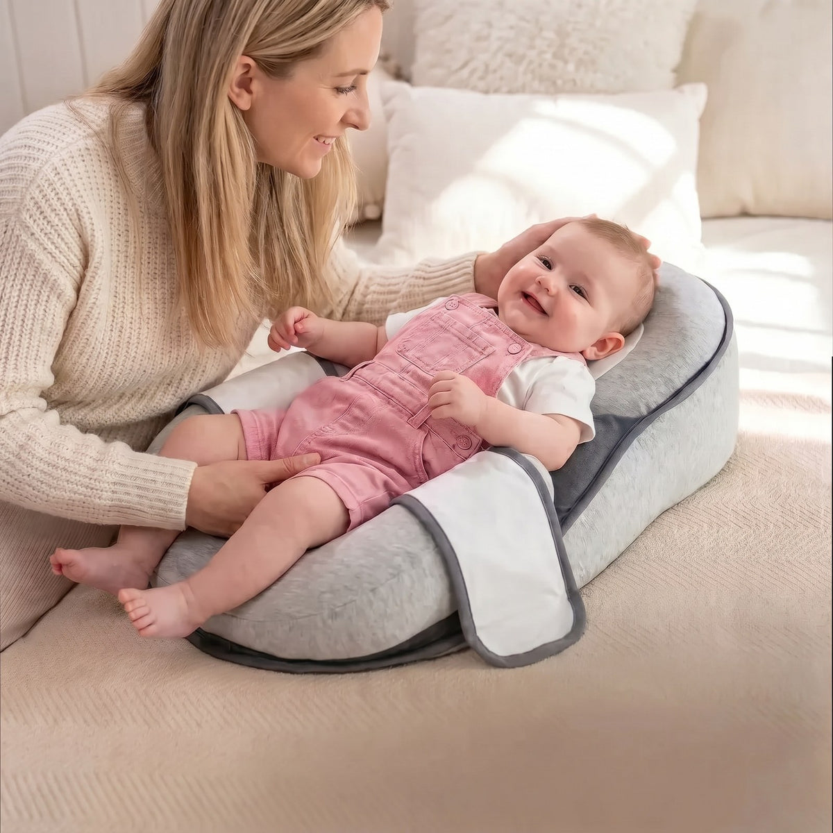Mama mit lachendem Baby im Babynest